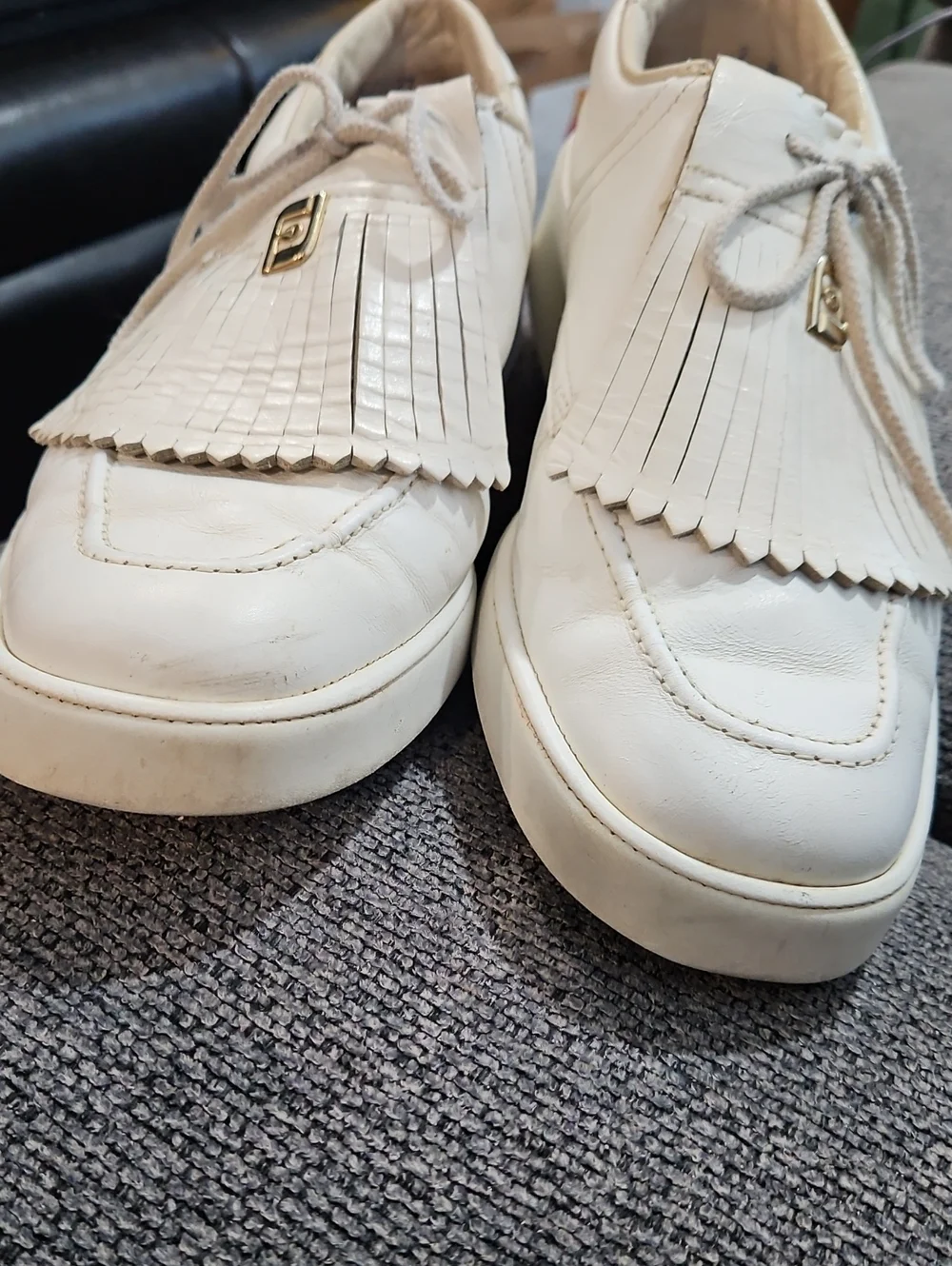 FootJoy White Leather Kiltie Lace-Up Loafers with Gold Accent